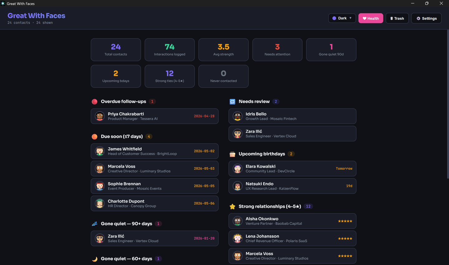 Great With Faces: Health Dashboard showing overdue contacts, upcoming birthdays, and relationship status